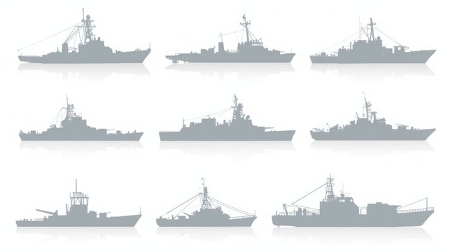 A collection of various types of warships and naval vessels in a gray silhouette