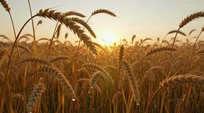 A cinematic close-up of ripe golden wheat ears in a vast field during a warm sunrise. Crystal clear dew drops hang from the grain, sparkling under the morning sun, creating a peaceful and prosperous a