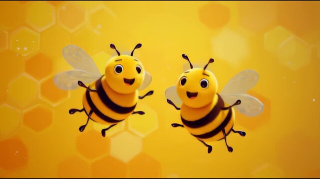 Cute cartoon bees flying near a beehive on a warm yellow background