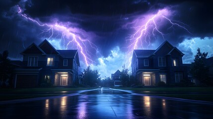 Dramatic electrical storm illuminates suburban houses at night during heavy rainfall