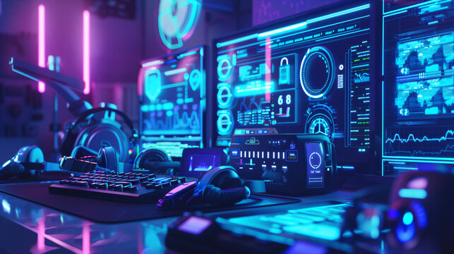 Futuristic Biohacker Workspace with Wearable Sensors and Data Screens