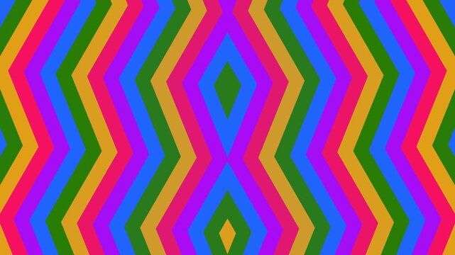 Dynamic abstract background featuring a symmetrical kaleidoscope of interlocking chevron and diamond shapes in a rainbow of bright colors.