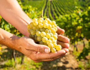Person holding fresh white grapes in a sunlit vineyard, showcasing bountiful harvest and quality produce