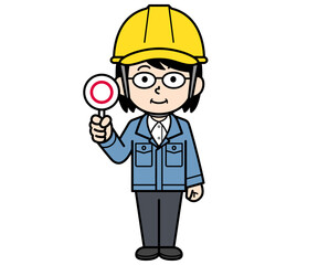 マル札を持つヘルメットをかぶった現場監督の中年女性