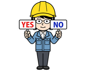 YESとNOの札を持つヘルメットをかぶった現場監督の中年女性