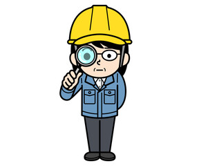 虫眼鏡で観察するヘルメットをかぶった現場監督の中年女性