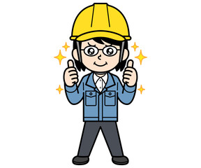 大満足しているヘルメットをかぶった現場監督の中年女性