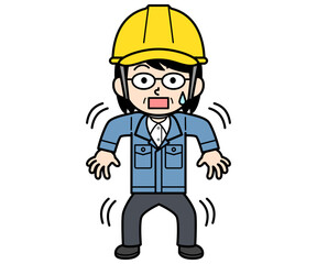 身震いするヘルメットをかぶった現場監督の中年女性