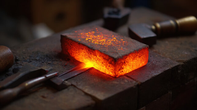 Red-hot metal billet heating on forge bricks with artisan tools