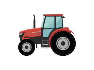 Obraz premium A red tractor with large black tires and a cab, on a white background.
