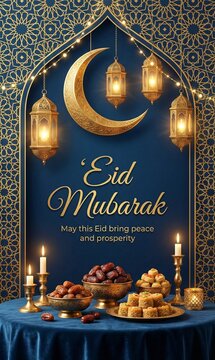 A luxurious Eid Mubarak greeting card design with golden crescent moon, hanging lanterns, Islamic geometric patterns, and soft glowing fairy lights. A decorated table with dates, sweets, and candles i