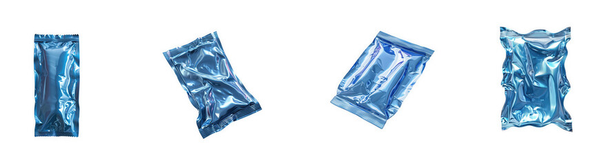 Fototapeta premium Set of Shiny Blue Metallic Foil Vacuum Sealed Packets Isolated on White Background isolated on transparent background