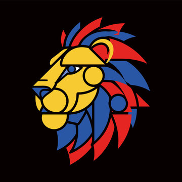 Vibrant lion's head illustration with abstract mane in yellow, blue, and red hues on a black background, viewed from the side, referencing o5.eps
