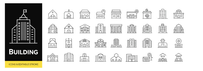 city buildings outline icon set, hotel hospital apartment townhouse shopping mall coffee cafe symbols editable stroke vector design. © mostkolpona