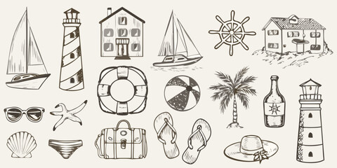 Vintage nautical themed sketch featuring boats lighthouses and summer accessories © Hemlata
