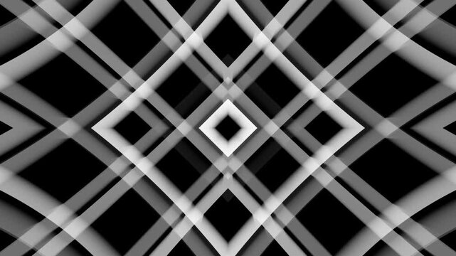 Abstract white geometric lines glowing on black background, symmetrical diamond pattern motion graphic