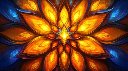 Symmetrical abstract floral design radiates intense warm light surrounded by cool blue tones.