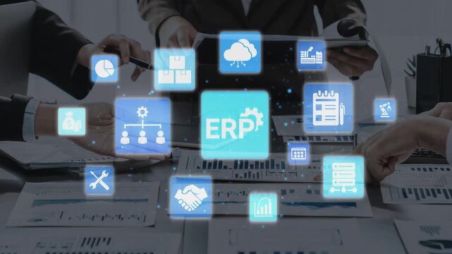 ERP icons show management, integration, and business process. ERP supports data management, ERP efficiency, and ERP organizational solutions. Funnel