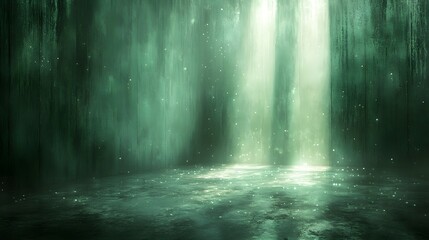 Beams of bright illumination penetrate dark, textured vertical surfaces onto a wet, sparkling floor