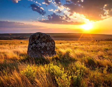 A large stone sits in a field during a breathtaking sunset