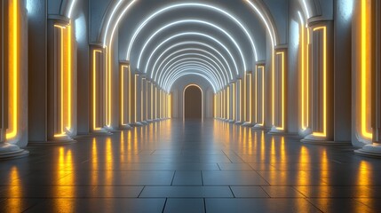 Interior view of a futuristic colonnade hallway illuminated by glowing neon light strips