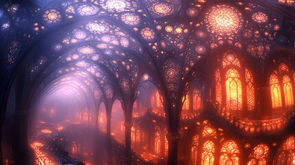 Ornate vaulted hallway glows with deep orange and cool purple light filtering through intricate window patterns