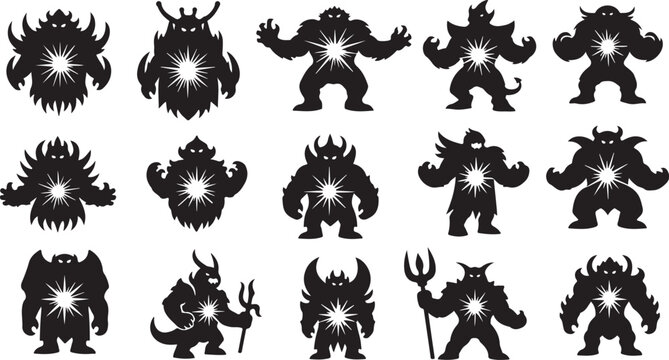 Collection of various monster silhouettes with glowing white centers