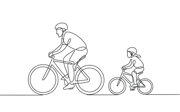 A minimalist line drawing of a man and a child riding bicycles side by side on transparent background