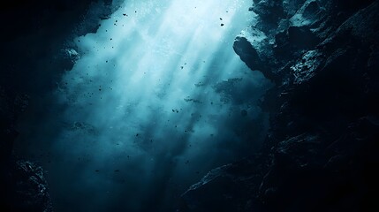 Intense natural light pierces deep underwater cavern walls creating dramatic beams and particle effects