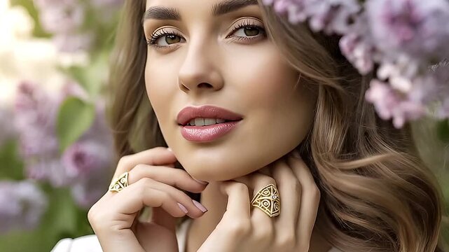 A captivating close-up portrait showcases a beautiful, serene woman with lustrous, wavy hair, gently touching her face and neck. She is adorned with exquisite, intricately designed golden rings on her