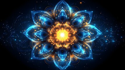 Symmetrical luminous flower pattern glows intensely with vibrant blue and orange energy against a dark backdrop