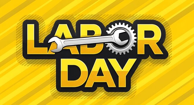 Celebrating labor day with a stylized wrench and gear graphic design.