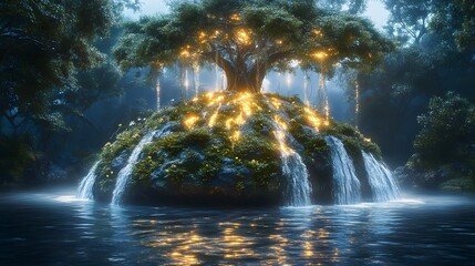 Magical glowing lights illuminate a mysterious island tree surrounded by waterfalls and dense foliage