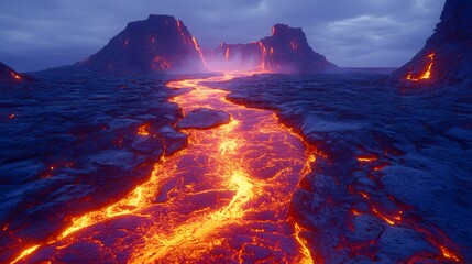Molten river of incandescent fluid flows through dark, cooled volcanic landscape under a twilight sky