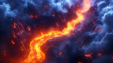 Incandescent molten material flows through a dark, dramatic landscape surrounded by dense atmospheric formations.