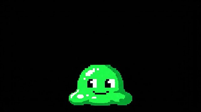 A cute green pixel art slime monster jumping on a black background