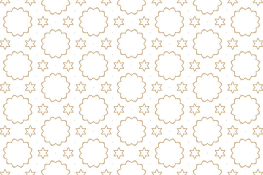 Seamless geometric pattern with beige outline stars and scalloped circles on white background