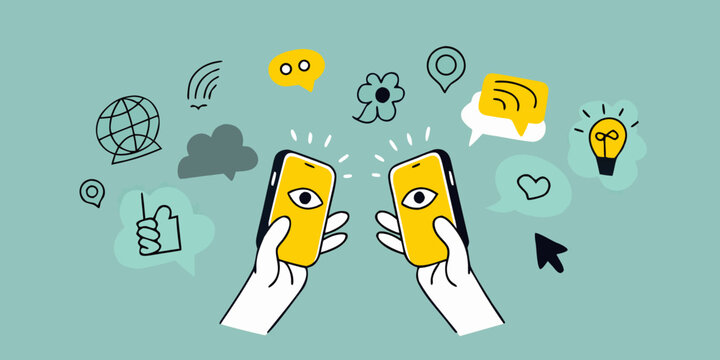 Hands holding smartphones surrounded by digital icons and connectivity symbols