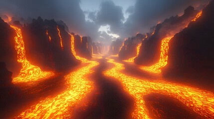 Molten incandescent material flows through a rugged canyon under a dark, overcast sky