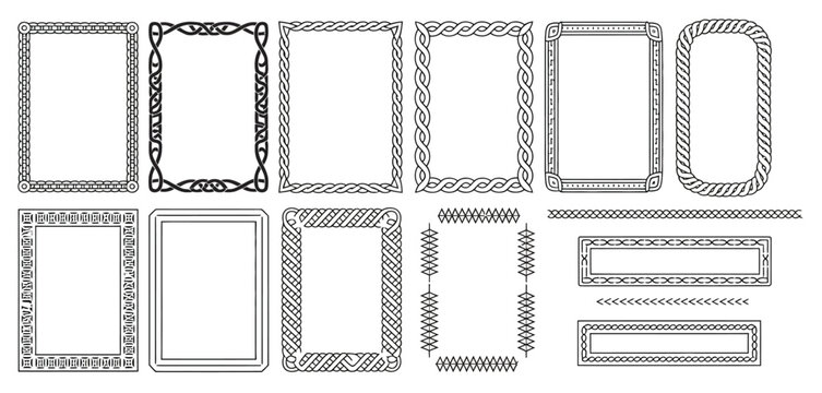 Celtic Knot Frames, Border Set with Braided Corners and Interlaced Ornaments, vector collection featuring interwoven geometric designs, heritage certificate borders, medieval and Norse decoration 