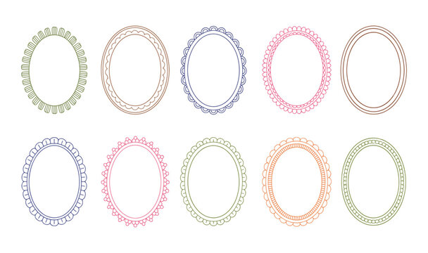 A collection of ten oval picture frames in various colors and designs on transparent background