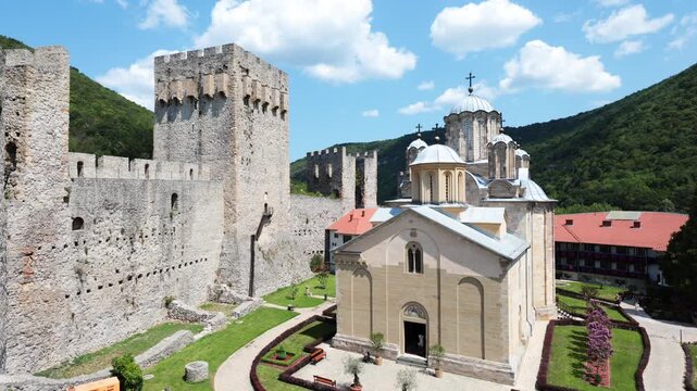 Church of Holy Trinity in courtyard of Manasija Monastery in summer 