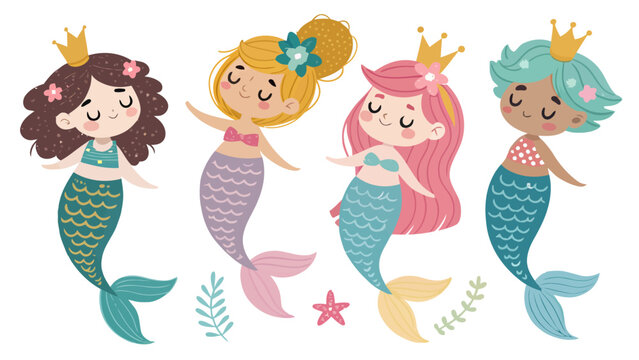Diverse mermaid princesses in colorful tails with crowns and flowers