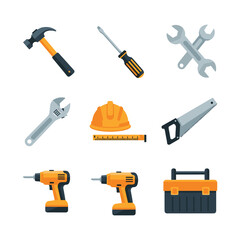 Set of construction tools on white background for DIY projects