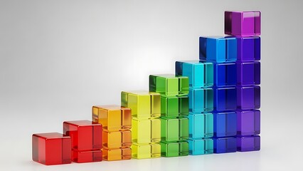 Obraz premium Colorful translucent glass cubes are meticulously stacked in a rising bar graph pattern suggesting upward growth potential and business analytics visualization against a neutral backdrop