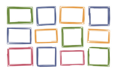 A collection of 12 colorful blank photo frames on a white background on transparent background