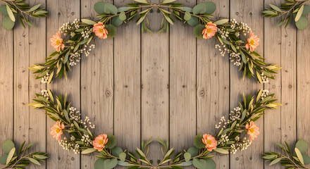 Oval floral frame with peach flowers, eucalyptus, and olive branches on rustic wood background.
