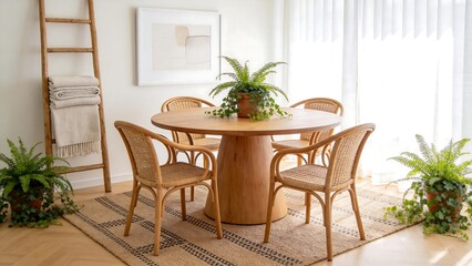 Dining room with wooden table and rattan chairs