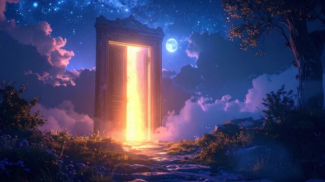 An open, radiant door framed against a night sky, a path leading to it