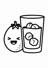 Obraz premium Orange fruit with a happy face and a glass of refreshing iced drink.